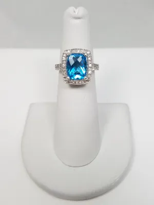 Precious 14k White Gold Natural Blue Topaz Diamond Ring