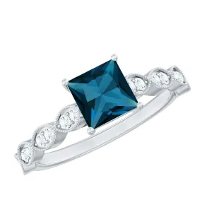 Princess Cut London Blue Topaz Solitaire Ring with Diamond Side Stones