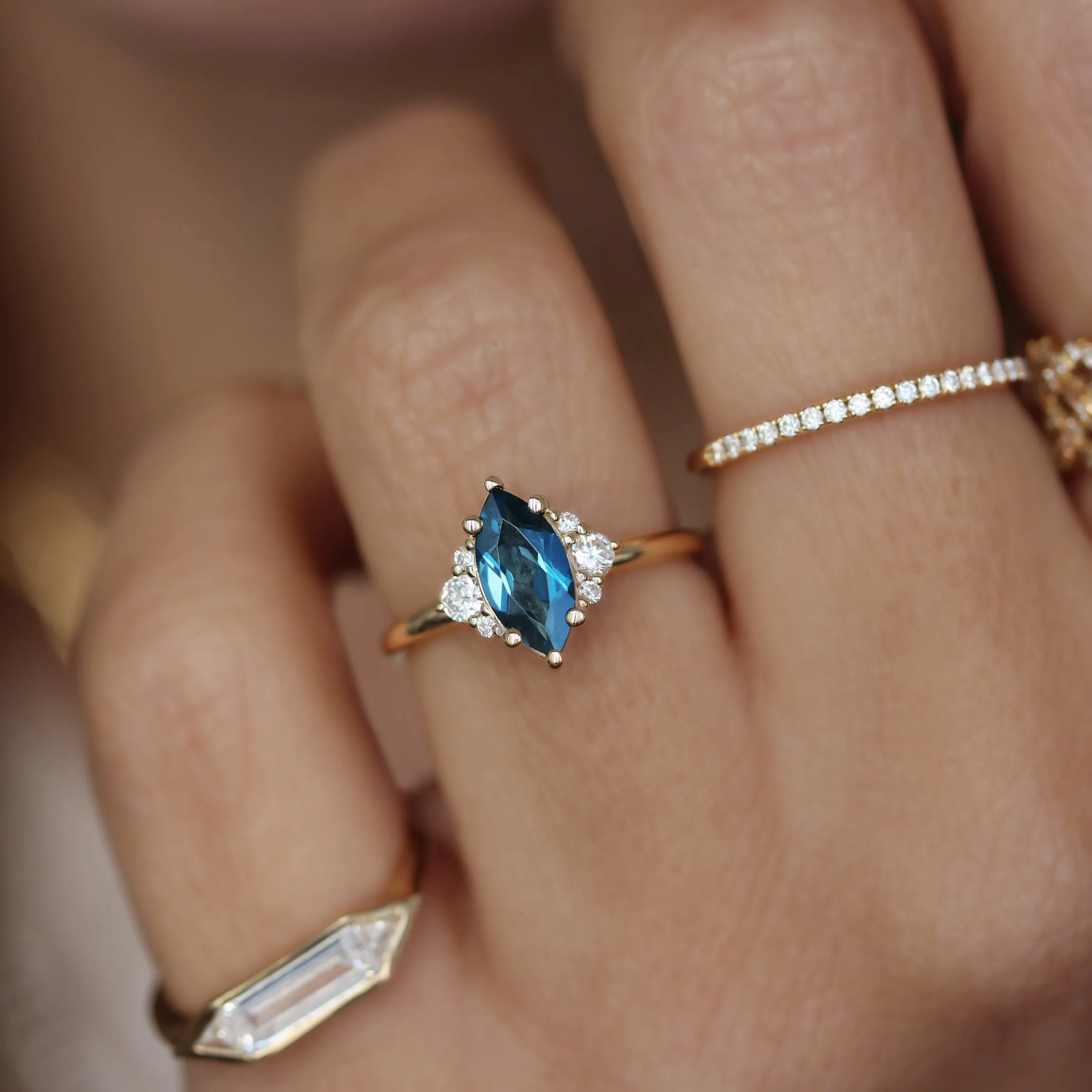 "Isabella" Marquise London Blue Topaz and Diamonds Unique Engagement Ring ♥