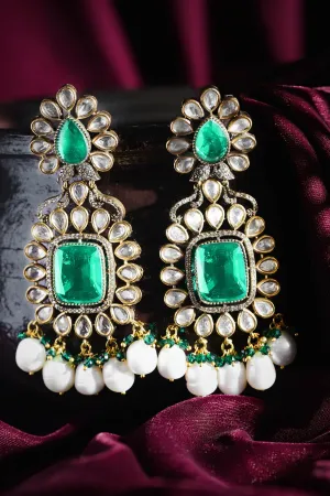 Rubans Exquisite Gold-Plated Kundan and Emerald Dangle Earrings