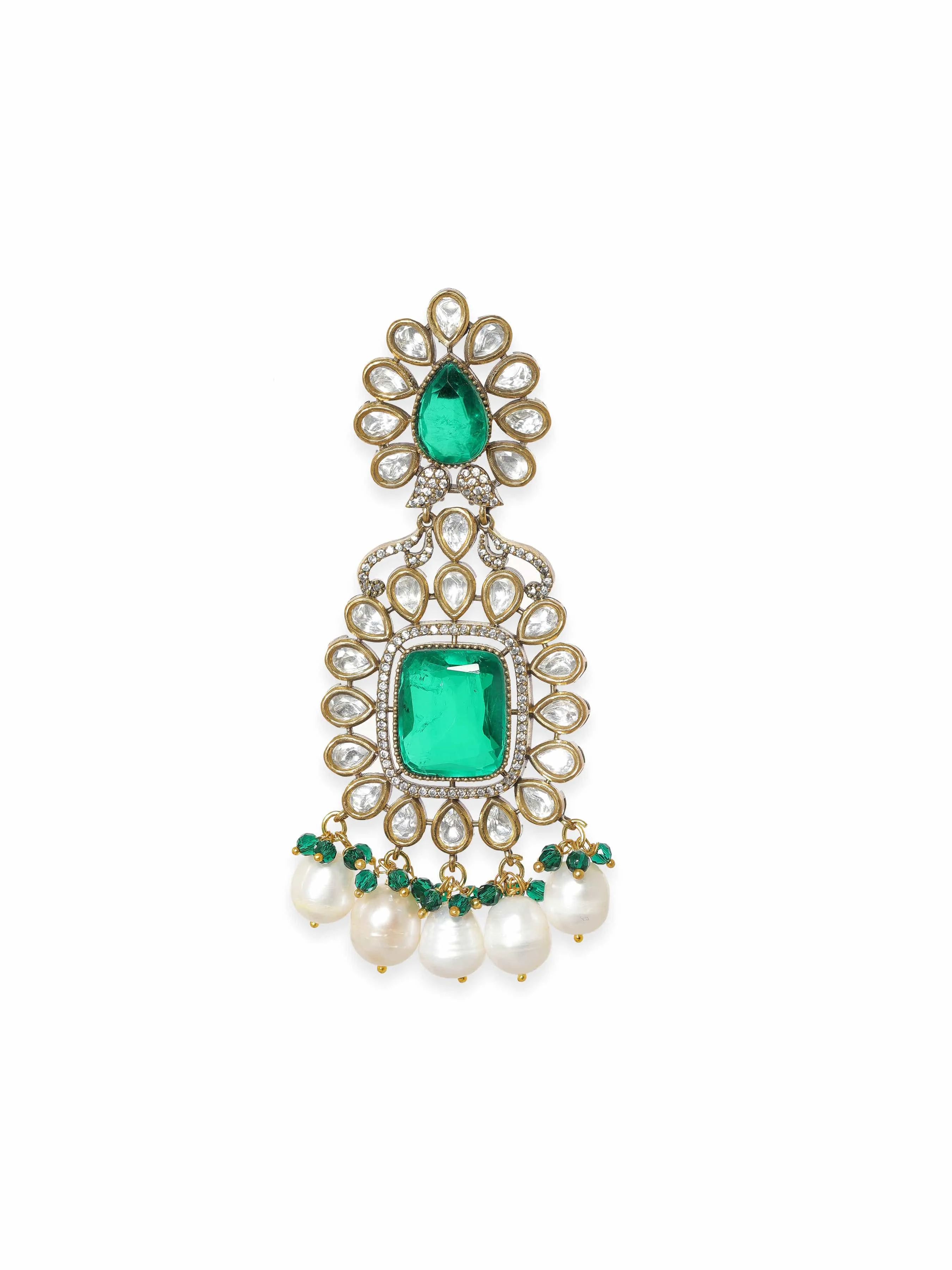 Rubans Exquisite Gold-Plated Kundan and Emerald Dangle Earrings