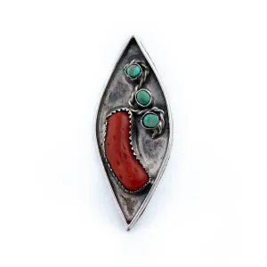 Rustic Old Pawn Green Turquoise & Red Coral Navajo Ring