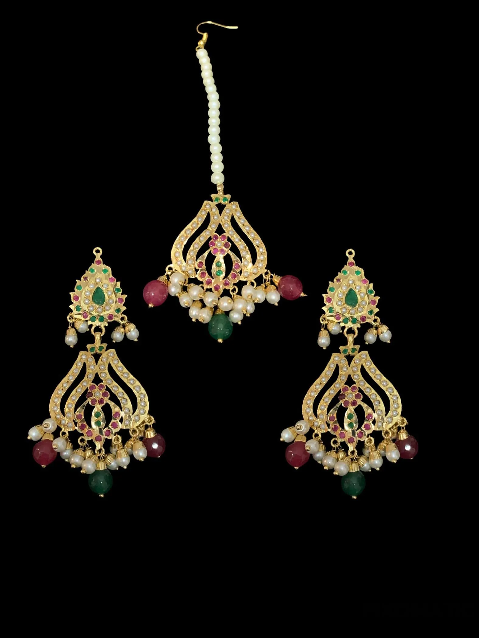 Sakshi ruby emerald Jadau Rani haar with earrings tika ( SHIPS IN 5 WEEKS  )