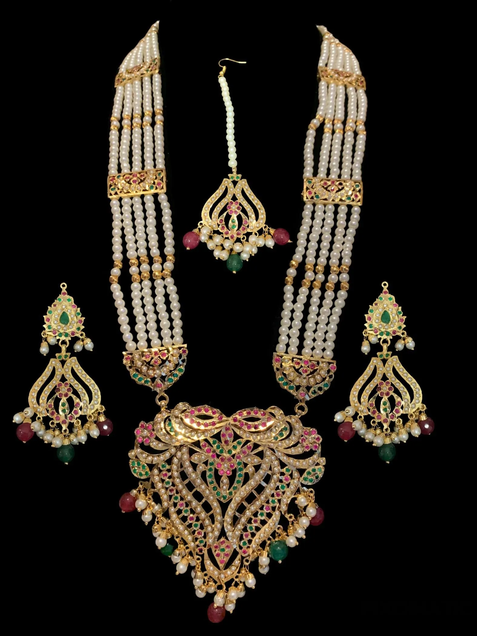 Sakshi ruby emerald Jadau Rani haar with earrings tika ( SHIPS IN 5 WEEKS  )