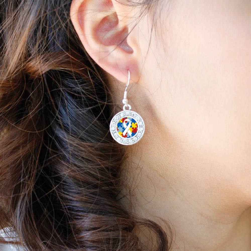 Silver Autism Jigsaw Puzzle Circle Charm Dangle Earrings