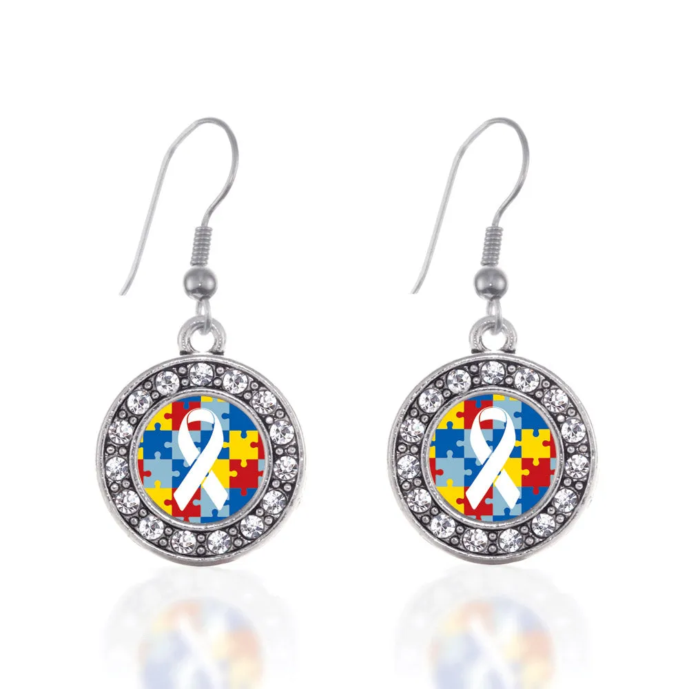 Silver Autism Jigsaw Puzzle Circle Charm Dangle Earrings