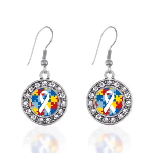 Silver Autism Jigsaw Puzzle Circle Charm Dangle Earrings