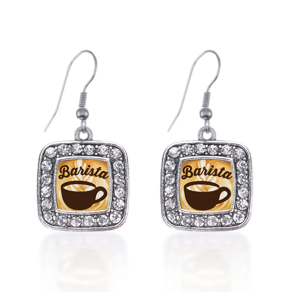 Silver Barista Square Charm Dangle Earrings