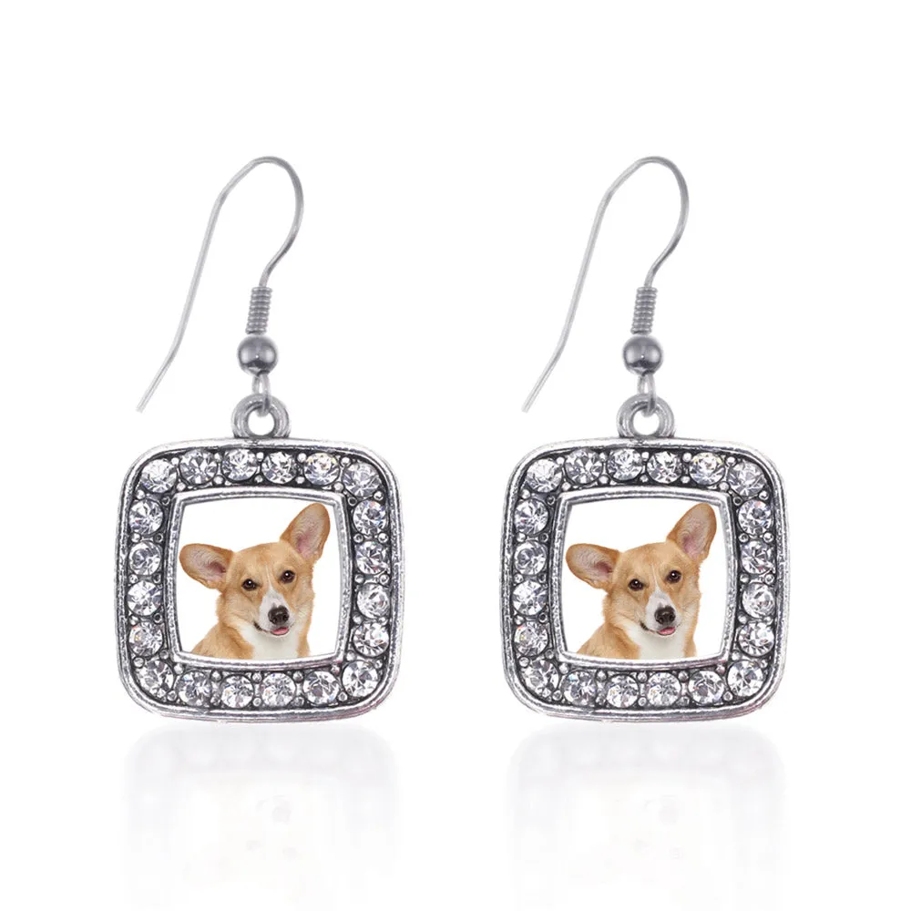 Silver Corgi Face Square Charm Dangle Earrings