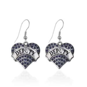 Silver Deputy Blue Pave Heart Charm Dangle Earrings