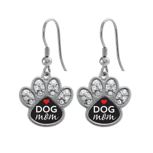 Silver Dog Mom Pave Paw Charm Dangle Earrings