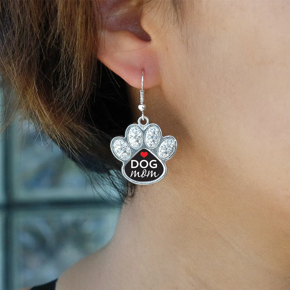 Silver Dog Mom Pave Paw Charm Dangle Earrings