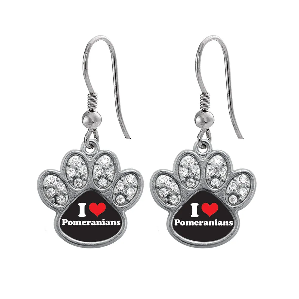 Silver I Love Pomeranians Pave Paw Charm Dangle Earrings