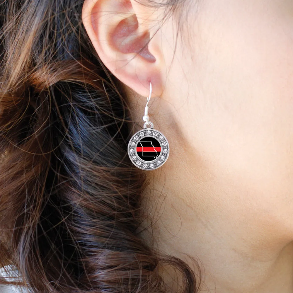 Silver Missouri Thin Red Line Circle Charm Dangle Earrings