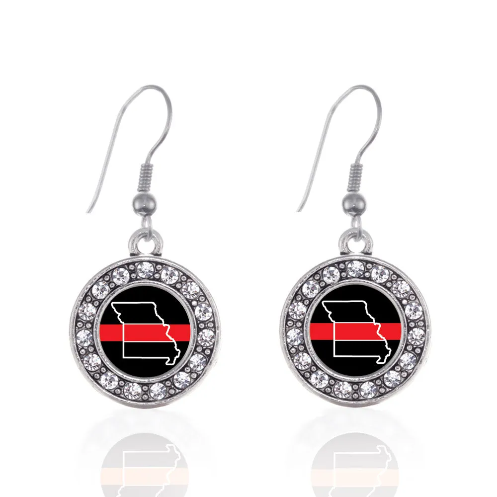 Silver Missouri Thin Red Line Circle Charm Dangle Earrings