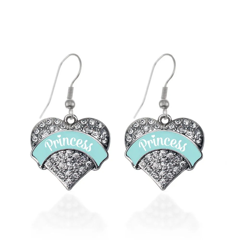 Silver Princess - Teal Pave Heart Charm Dangle Earrings