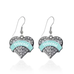 Silver Princess - Teal Pave Heart Charm Dangle Earrings