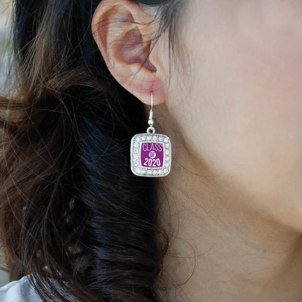 Silver Purple Class of 2020 Square Charm Dangle Earrings