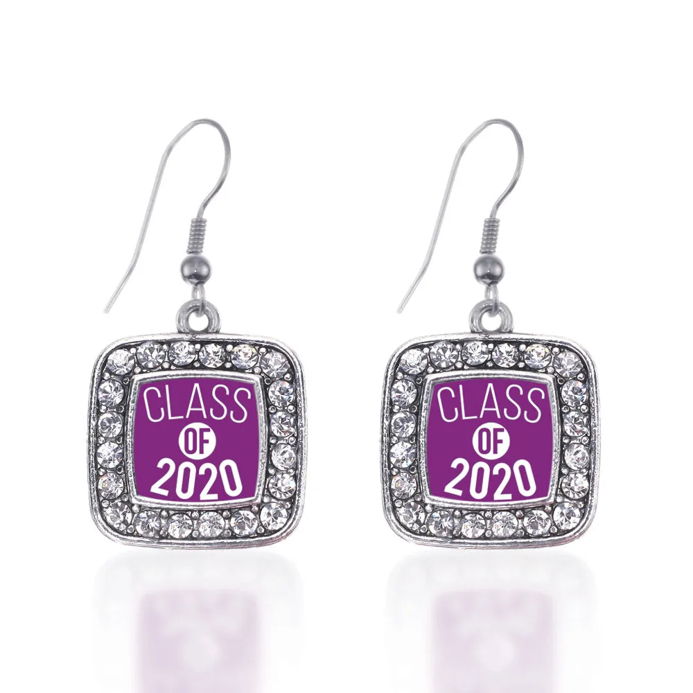 Silver Purple Class of 2020 Square Charm Dangle Earrings