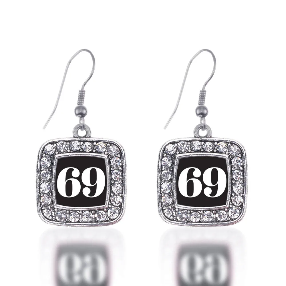 Silver Sport Number 69 Square Charm Dangle Earrings