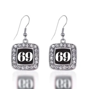 Silver Sport Number 69 Square Charm Dangle Earrings