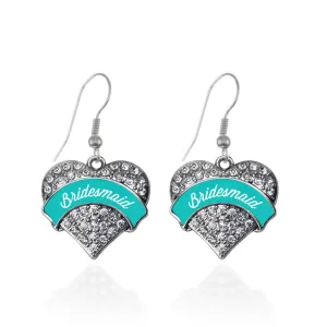 Silver Teal Bridesmaid Pave Heart Charm Dangle Earrings