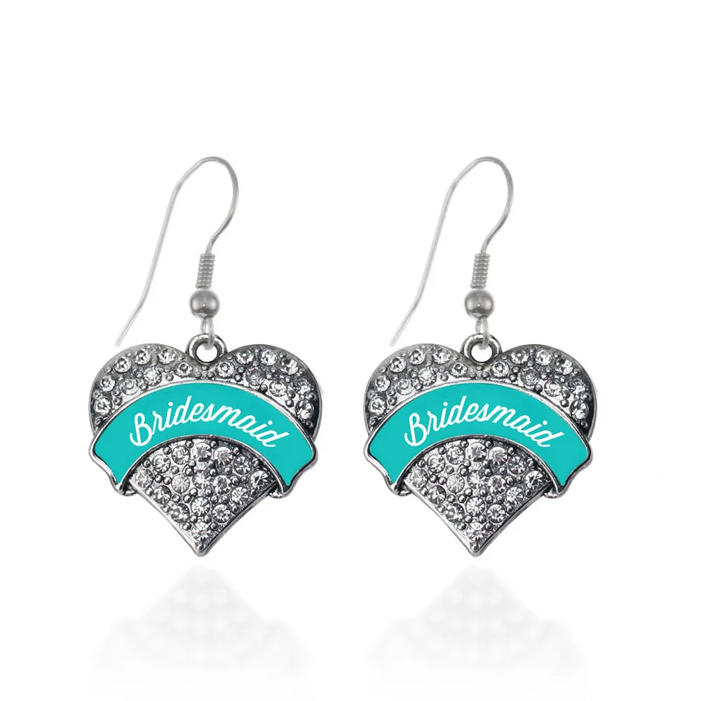 Silver Teal Bridesmaid Pave Heart Charm Dangle Earrings