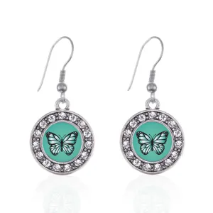 Silver Teal Butterfly Circle Charm Dangle Earrings