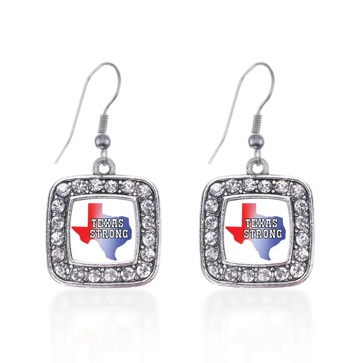 Silver Texas Strong - State Silhouette Square Charm Dangle Earrings