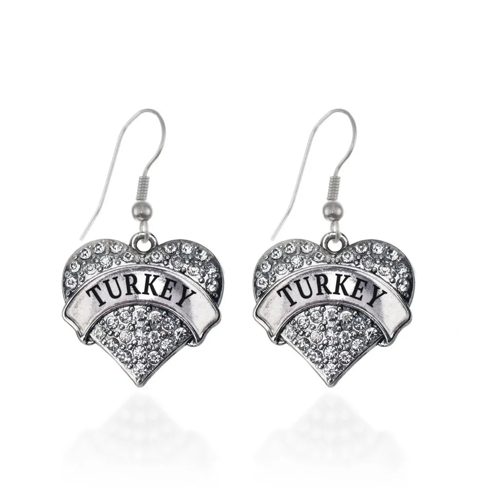 Silver Turkey Pave Heart Charm Dangle Earrings