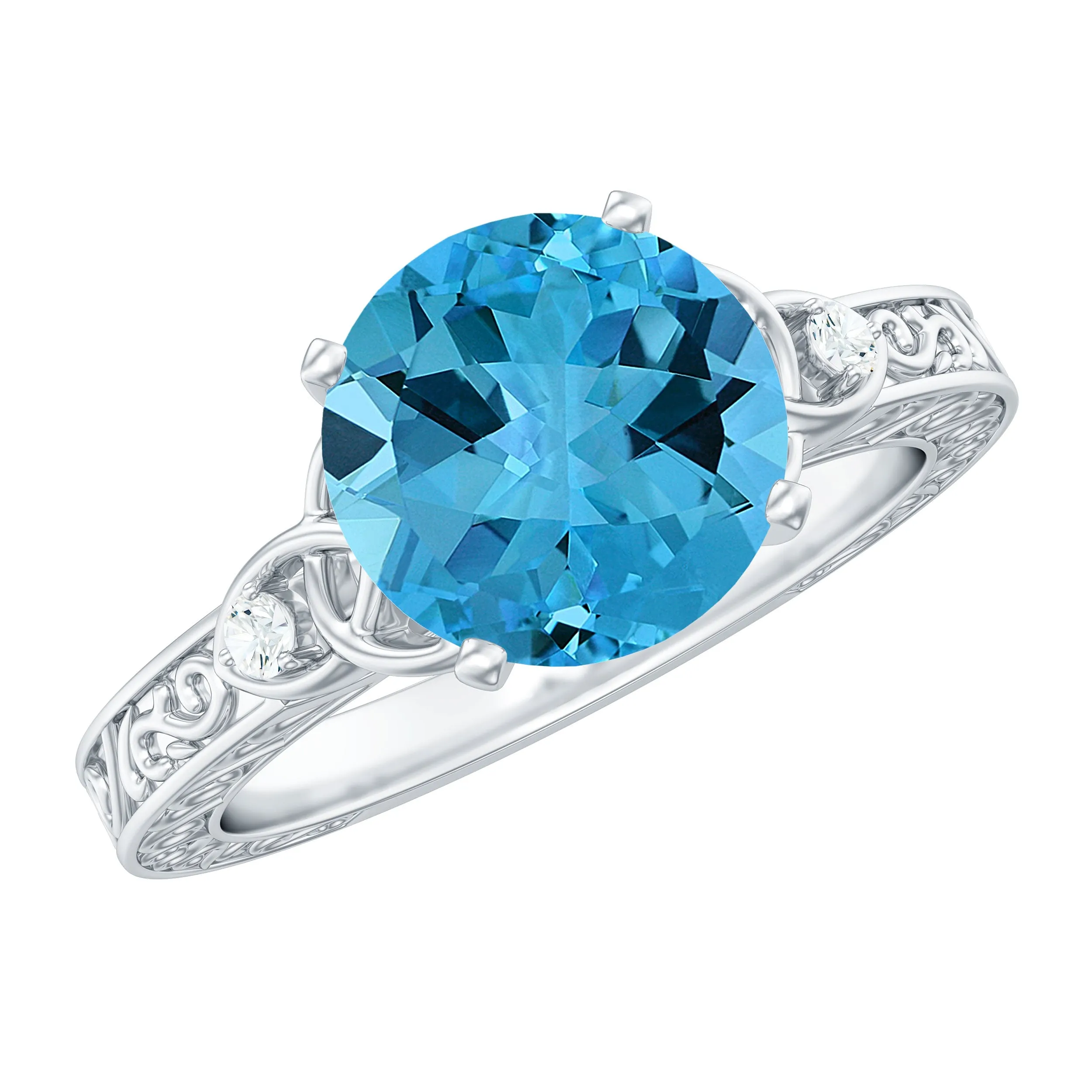 Solitaire Swiss Blue Topaz Celtic Knot Engagement Ring with Diamond