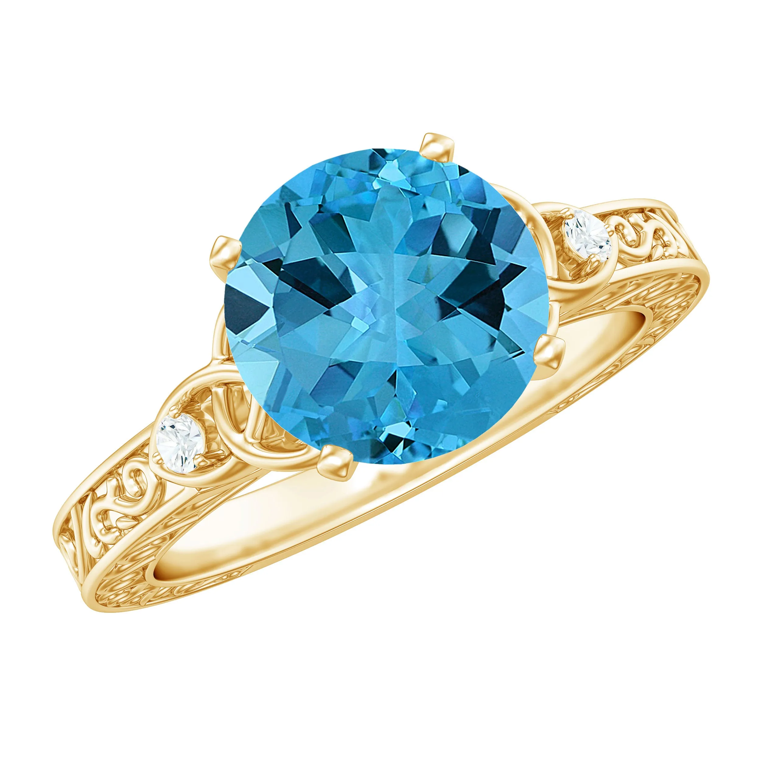 Solitaire Swiss Blue Topaz Celtic Knot Engagement Ring with Diamond