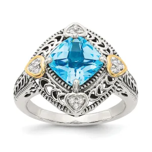 Sterling Silver Gold Diamond Blue Topaz Ring