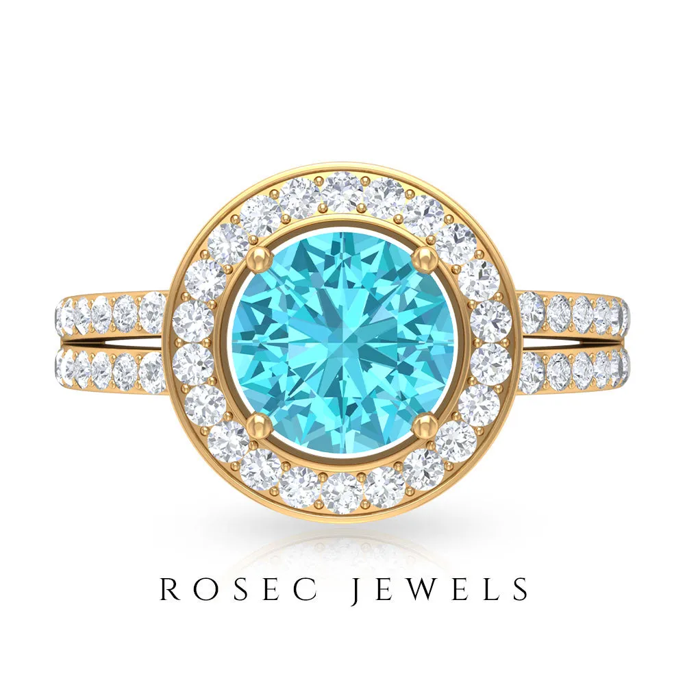 Swiss Blue Topaz Engagement Ring with Moissanite Accent