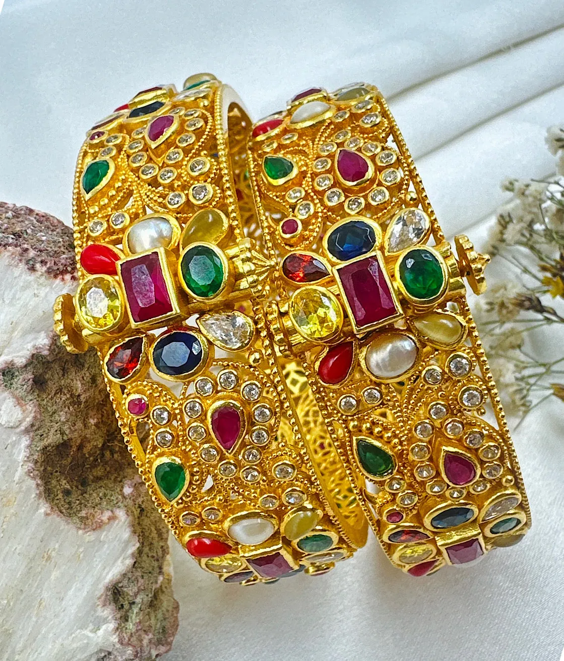 The Samanvaya Silver Navratna Openable Kada Bracelet (Size 2.2/2.6/2.8)