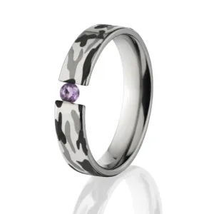 Titanium Camo Ring, Amethyst Tension Set Ring