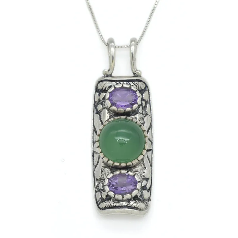 Tribal Emerald Pendant - Real Amethyst Necklace - Long Statement Necklace