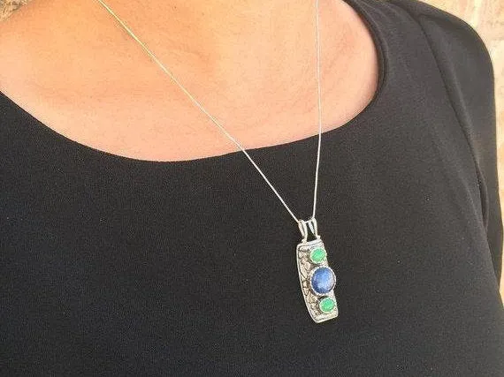 Tribal Emerald Pendant - Real Amethyst Necklace - Long Statement Necklace