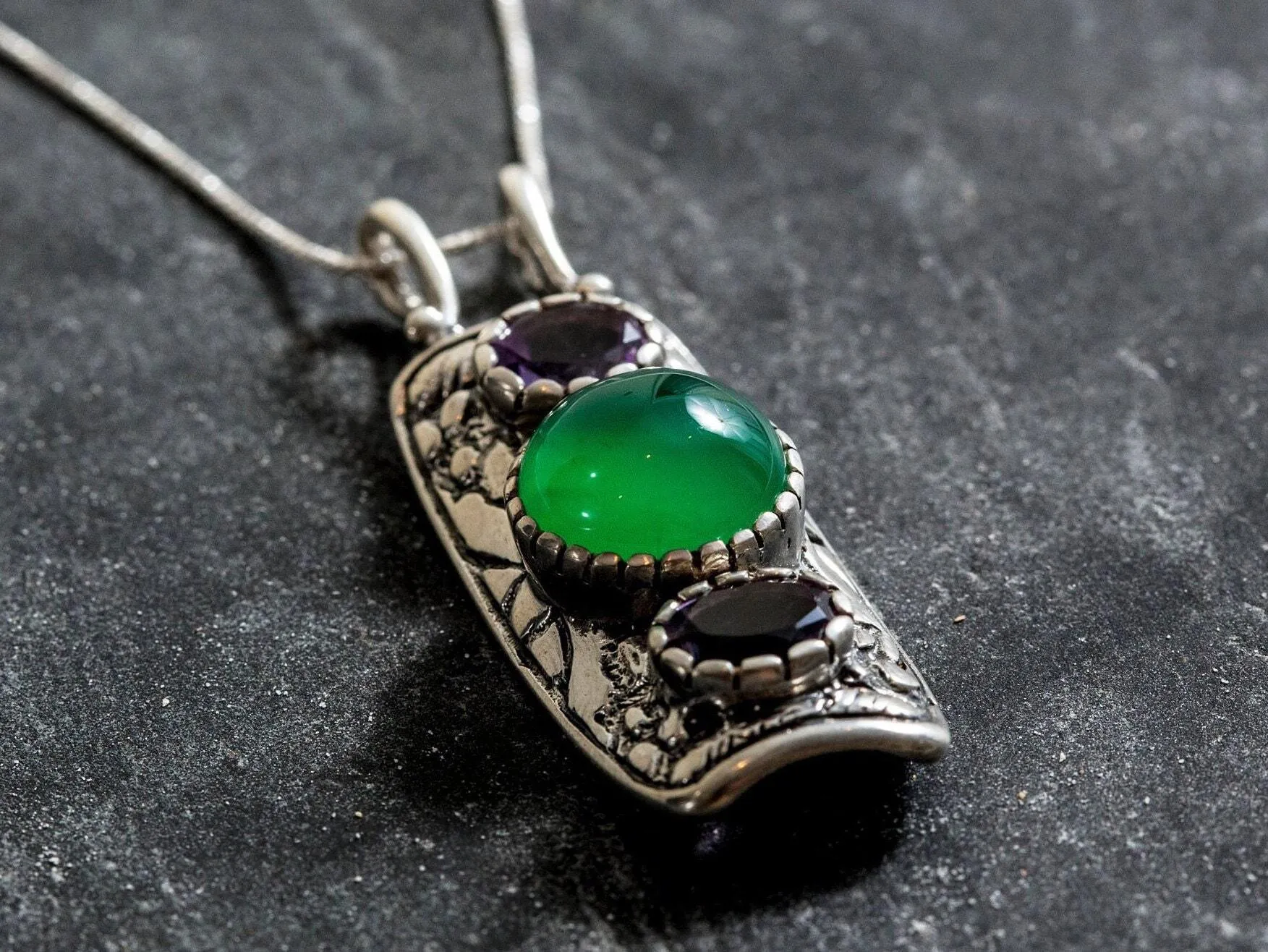 Tribal Emerald Pendant - Real Amethyst Necklace - Long Statement Necklace