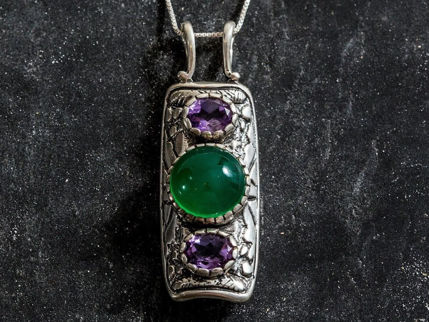 Tribal Emerald Pendant - Real Amethyst Necklace - Long Statement Necklace