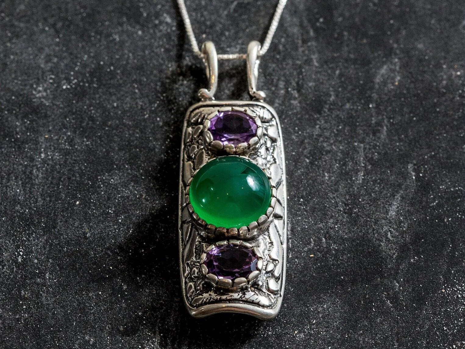 Tribal Emerald Pendant - Real Amethyst Necklace - Long Statement Necklace