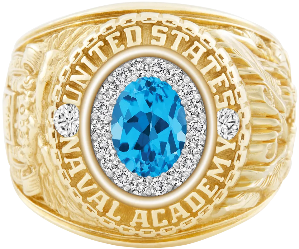 USNA Class Ring Mod™ with Swiss Blue Topaz Centerpiece and Diamond Dividers