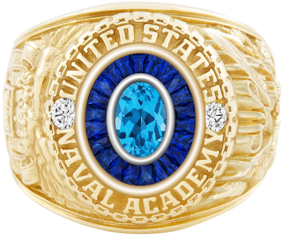 USNA Class Ring Mod™ with Swiss Blue Topaz Centerpiece and Diamond Dividers