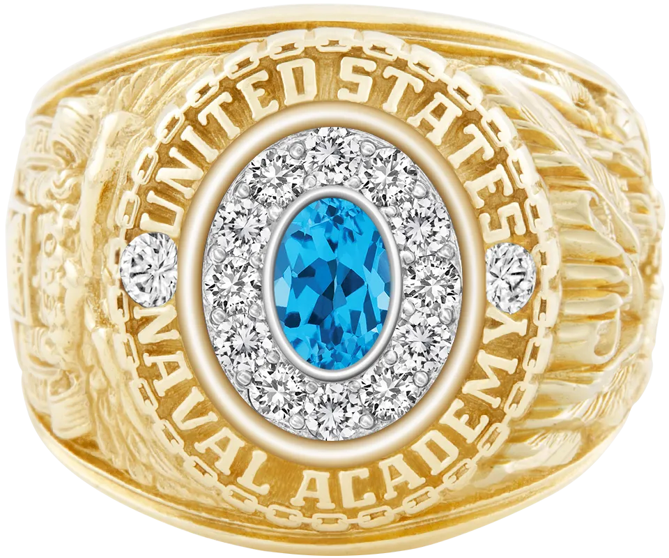 USNA Class Ring Mod™ with Swiss Blue Topaz Centerpiece and Diamond Dividers