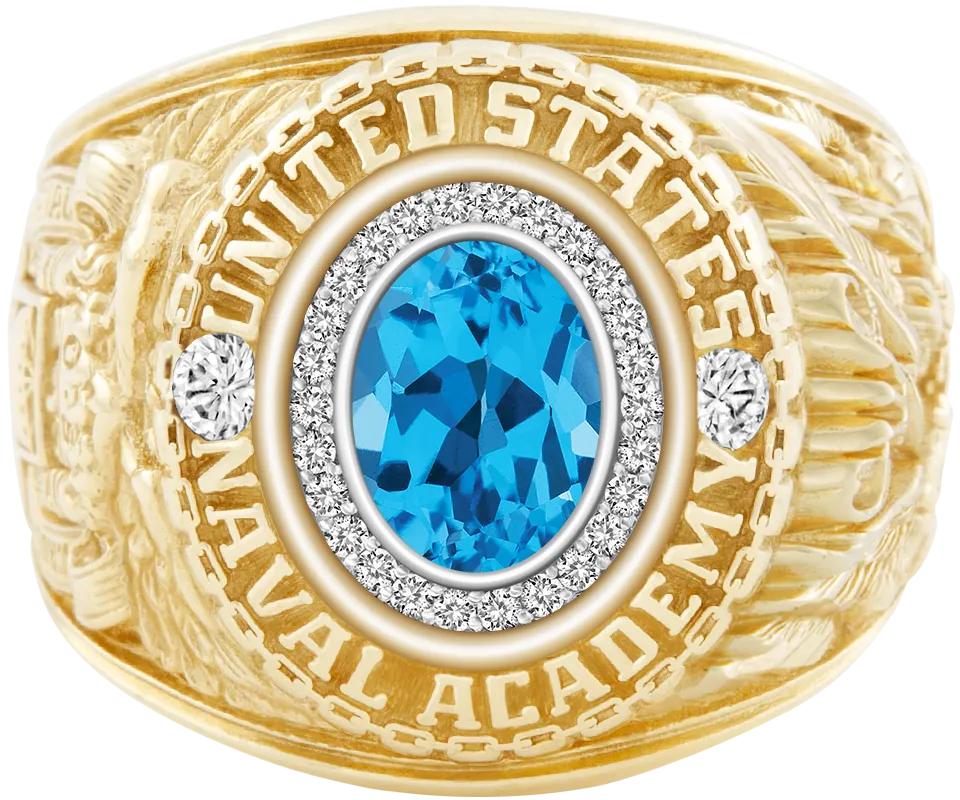 USNA Class Ring Mod™ with Swiss Blue Topaz Centerpiece and Diamond Dividers