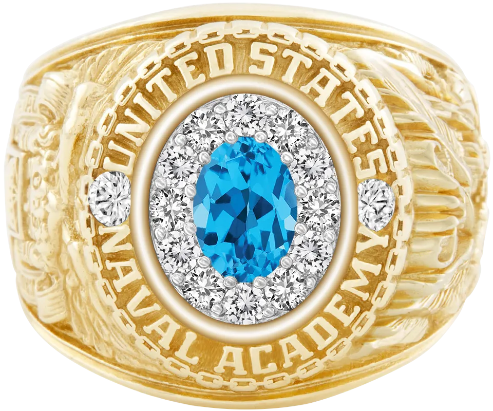 USNA Class Ring Mod™ with Swiss Blue Topaz Centerpiece and Diamond Dividers