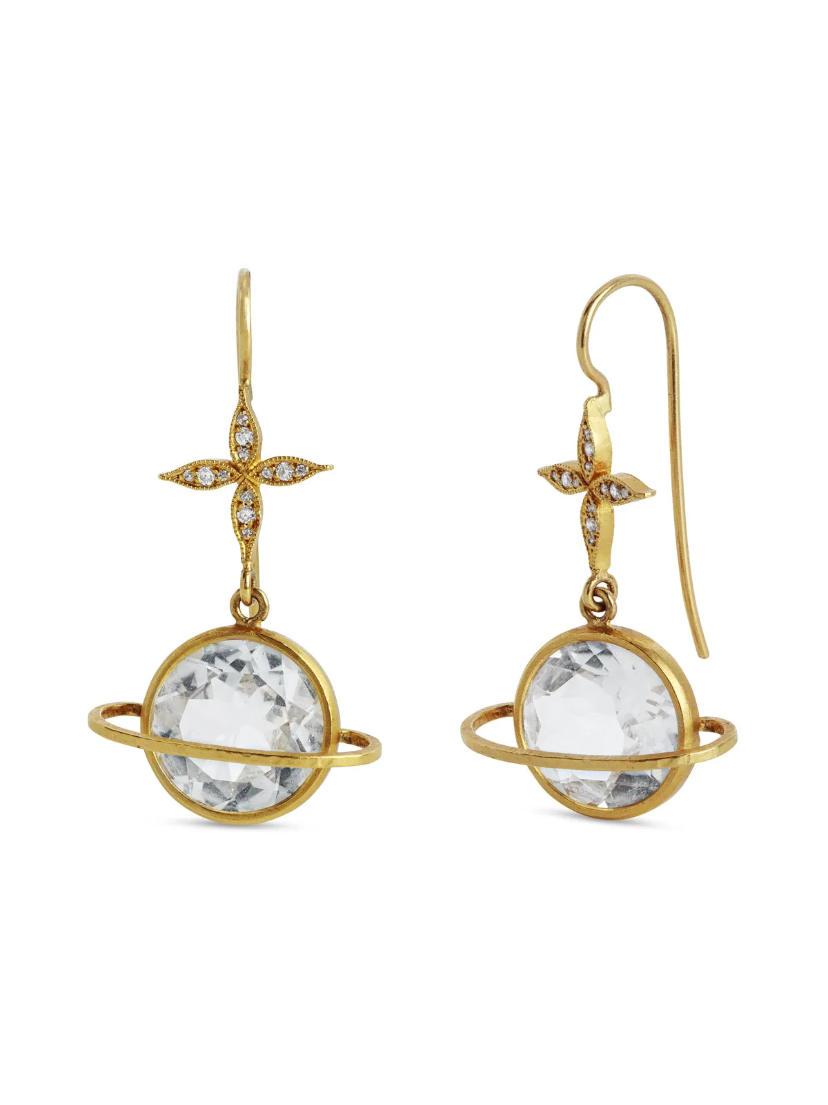 White Topaz Heavenly Planet & Stars Yellow Gold Earrings